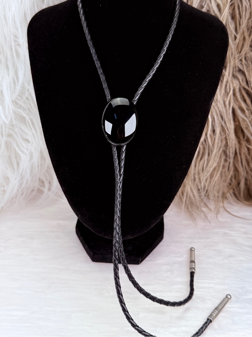 Vintage Louis E. Schnauber 1970s Black Bolo Tie Onyx Slider on Leather Cord